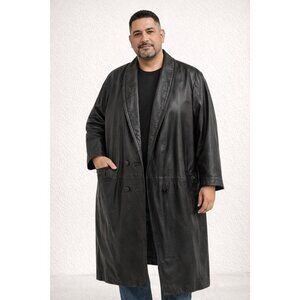 Vintage Men’s Leather Trench Coat XL Unisex Black Long Overcoat